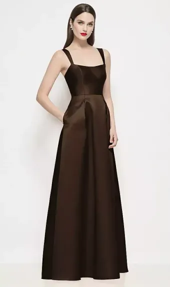 Alfred Sung D898  Shaped Strap Basque Neck Satin Maxi Dress with Pleated Skirt #1 frontface vertical thumbnail