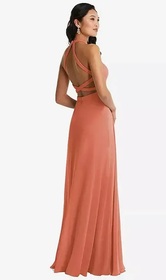 Dessy Collection 3082 Stand Collar Halter Maxi Dress with Criss Cross Open-Back #2 default backface vertical thumbnail