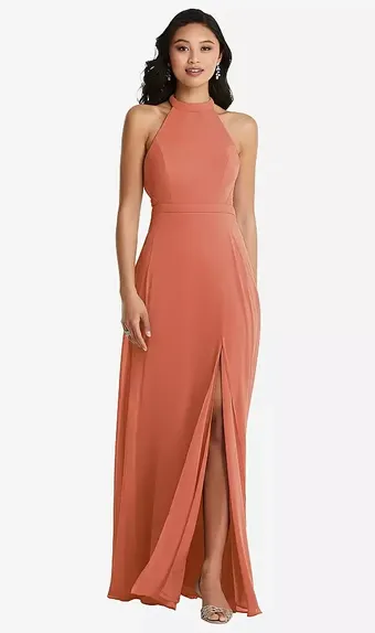 Dessy Collection 3082 Stand Collar Halter Maxi Dress with Criss Cross Open-Back #0 default frontface vertical thumbnail