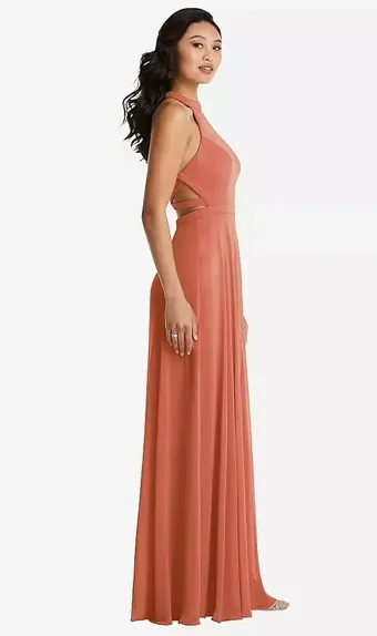 Dessy Collection 3082 Stand Collar Halter Maxi Dress with Criss Cross Open-Back #1 frontface vertical thumbnail