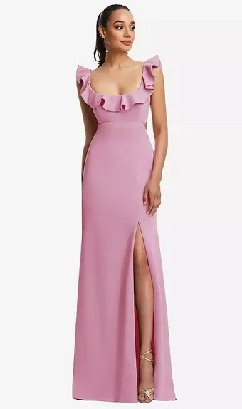 Dessy Collection 3125   Ruffled Neckline Cut-Out Gown - Elegant Special Occasion Dress #2 frontface vertical thumbnail