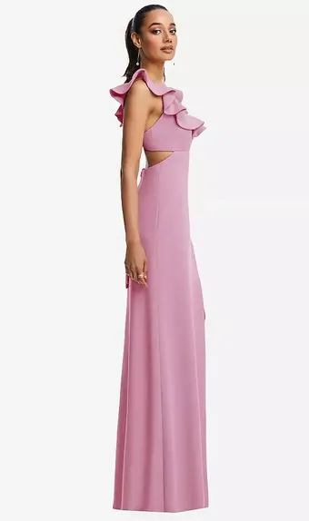 Dessy Collection 3125   Ruffled Neckline Cut-Out Gown - Elegant Special Occasion Dress #1 frontface vertical thumbnail