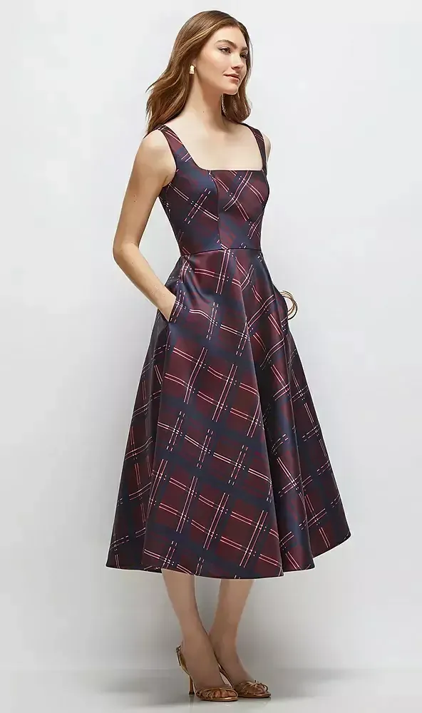 Square Neck Alba Tartan Satin Midi Dress, Cabernet Midnight Tartan / 2