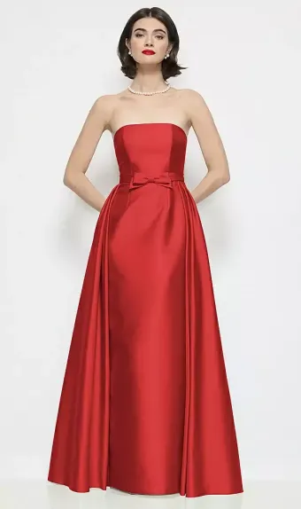 Dessy Collection 3202  Strapless Bow-Waist Satin Column Dress with Overskirt #0 default frontface vertical thumbnail