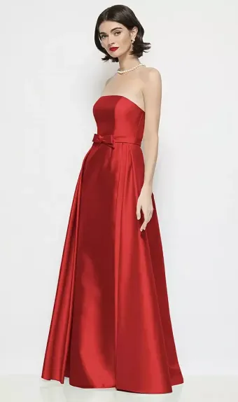 Dessy Collection 3202  Strapless Bow-Waist Satin Column Dress with Overskirt #1 frontface vertical thumbnail