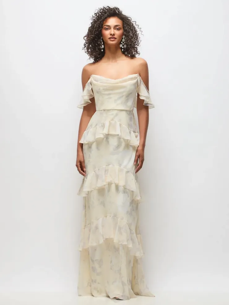 Dessy Lux Chiffon Draped Floral Ruffle Gown Default Thumbnail Image