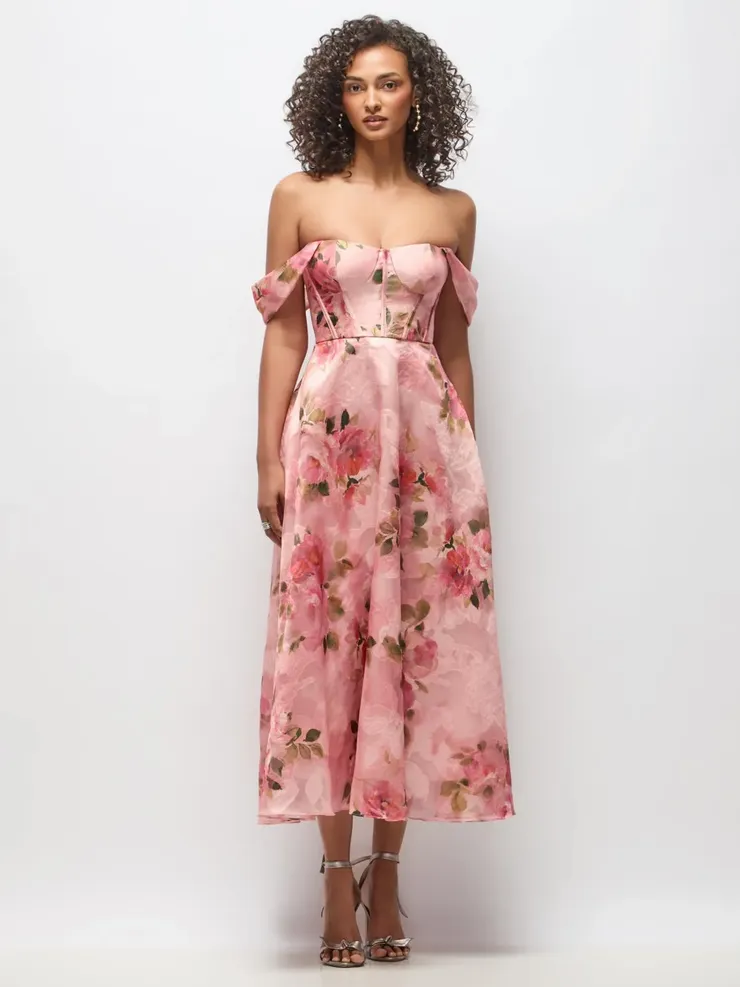 Dessy Elegant Guava Floral Jacquard Swag Tea Dress Default Thumbnail Image