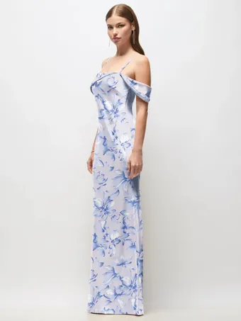 Thread TH150FP Elegant Floral Charmeuse Asymmetric Neckline Gown #1 frontface vertical thumbnail