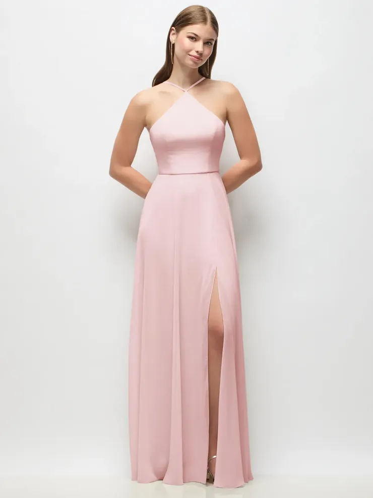 lux chiffon bridesmaid dresses Thread TH153 High Halter Slit Dress Zipper Embellishment Navy & Dusty Blue Standard / S Ivory Color:Forest Green Dots