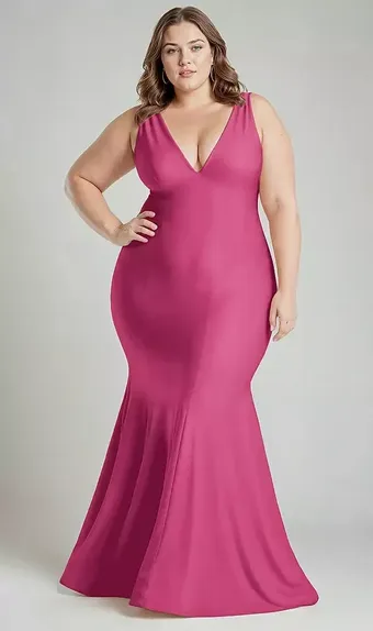 Cynthia & Sahar CS100 Shirred Shoulder Stretch Satin Mermaid Dress with Slight Train #4 frontface vertical thumbnail