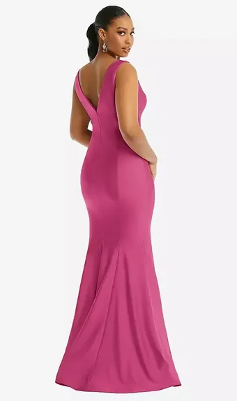 Cynthia & Sahar CS100 Shirred Shoulder Stretch Satin Mermaid Dress with Slight Train #6 backface vertical thumbnail