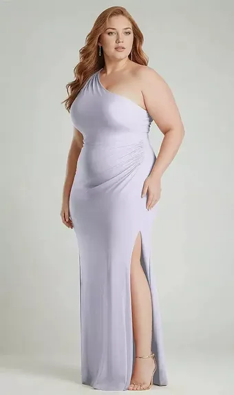 Cynthia & Sahar CS104 One-Shoulder Asymmetrical Cowl Back Stretch Satin Mermaid Dress #2 frontface vertical thumbnail