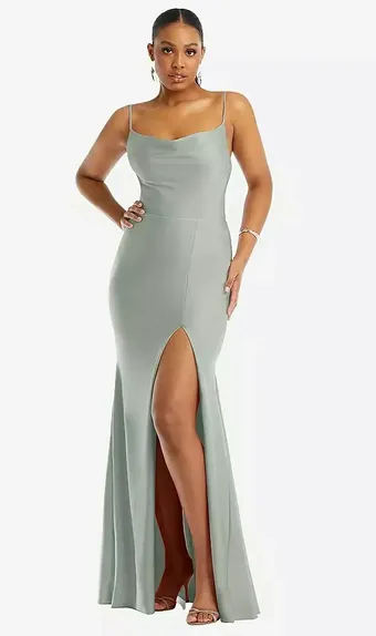 Cynthia & Sahar CS105 Cowl-Neck Open Tie-Back Stretch Satin Mermaid Dress with Slight Train #0 default frontface vertical thumbnail