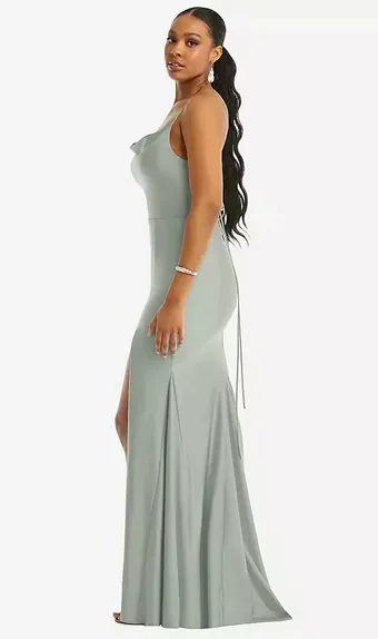 Cynthia & Sahar CS105 Cowl-Neck Open Tie-Back Stretch Satin Mermaid Dress with Slight Train #3 frontface vertical thumbnail