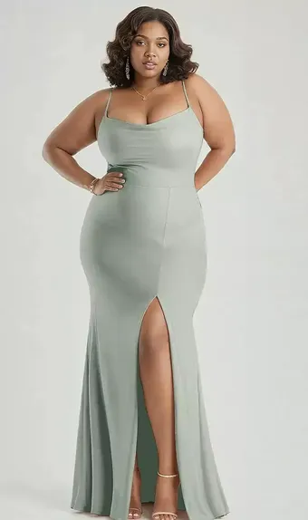 Cynthia & Sahar CS105 Cowl-Neck Open Tie-Back Stretch Satin Mermaid Dress with Slight Train #1 frontface vertical thumbnail