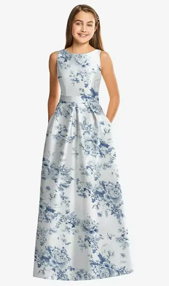 Dessy Collection JR544FP  Floral Bateau Neck Maxi Junior Bridesmaid Dress with Pockets #0 default frontface vertical thumbnail