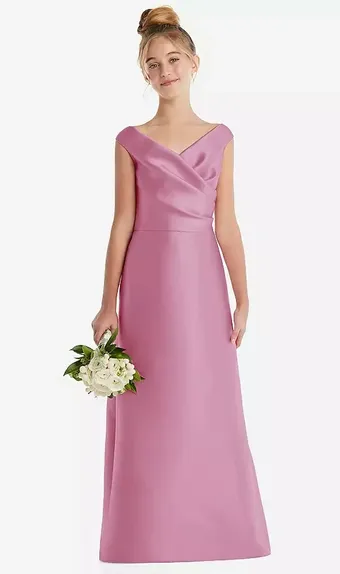 Dessy Collection JR556  Off-the-Shoulder Draped Wrap Satin Junior Bridesmaid Dress #0 default frontface vertical thumbnail