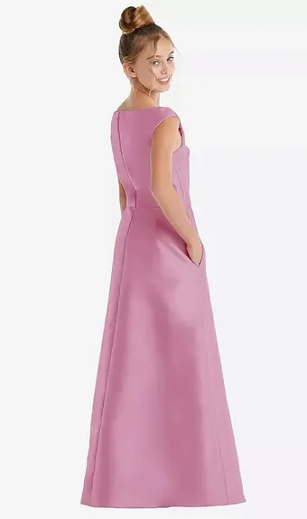 Dessy Collection JR556  Off-the-Shoulder Draped Wrap Satin Junior Bridesmaid Dress #2 default backface vertical thumbnail