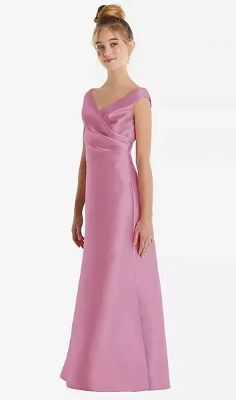 Dessy Collection JR556  Off-the-Shoulder Draped Wrap Satin Junior Bridesmaid Dress #1 frontface vertical thumbnail