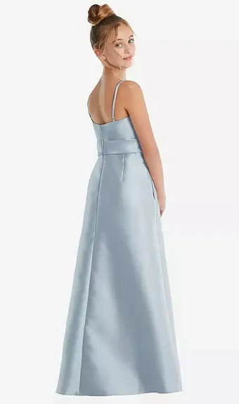 Dessy Collection JR557  Spaghetti Strap Satin Junior Bridesmaid Dress with Mini Sash #1 backface vertical thumbnail