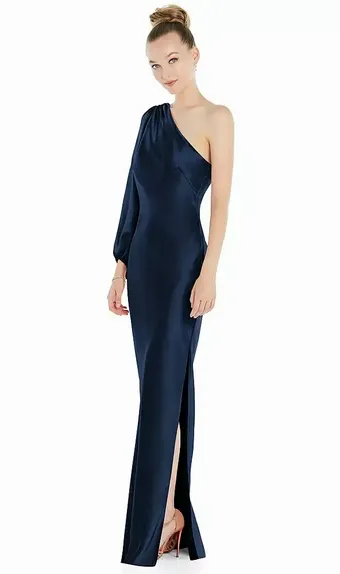 Social Bridesmaids by Dessy 8216 One-Shoulder Puff Sleeve Maxi Bias Dress with Side Slit #1 frontface vertical thumbnail