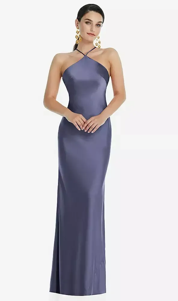 emerald green satin halter dress Satin Halter A-line Slit Gown by Rachel Allan 70757 – ABC Fashion main image 0