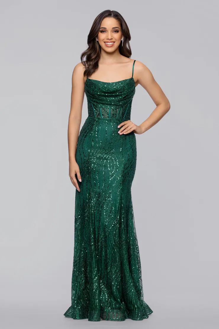 green emerald velvet dress Lace-Up Dark Green Long Sequin Prom Dress with Cut Out Black / 3