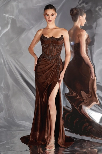 Ladivine by Cinderella Divine CC463   Strapless Embellished Gown with High Slit #4 Espresso frontface vertical thumbnail