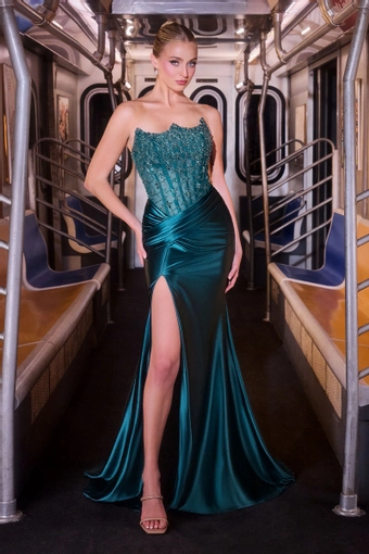 Ladivine by Cinderella Divine CDS543   Mermaid Gown with Beaded Bodice & High Slit #4 frontface vertical thumbnail