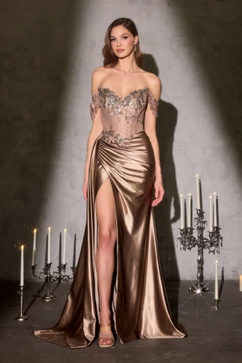 Ladivine by Cinderella Divine CDS554   Glamorous Beaded Off-Shoulder Gown with High Slit #4 frontface vertical thumbnail