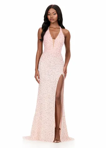Ashley Lauren 12232   Beaded Halter Gown Plunging Neckline High Slit #1 frontface vertical thumbnail