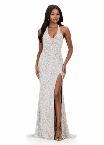 Ashley Lauren 12232   Beaded Halter Gown Plunging Neckline High Slit #4 frontface vertical thumbnail