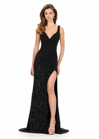 Ashley Lauren 12243   Beaded V-neck Gown with Slit and Open Back #1 frontface vertical thumbnail