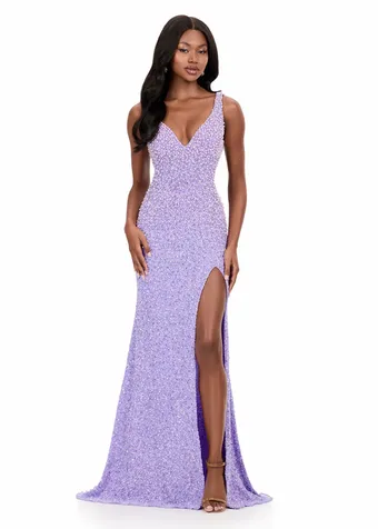 Ashley Lauren 12243   Beaded V-neck Gown with Slit and Open Back #2 frontface vertical thumbnail
