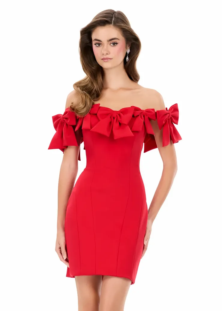 white christmas dresses ASHLEYlauren 4758 Off Shoulder Pearl Beaded Cocktail Dress main image 0