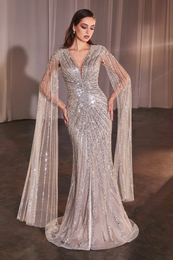 Ladivine by Cinderella Divine CD0239   Beaded Sheath Evening Gown with Deep V-neck and Cape Sleeves #2 frontface vertical thumbnail
