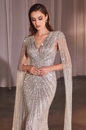 Ladivine by Cinderella Divine CD0239   Beaded Sheath Evening Gown with Deep V-neck and Cape Sleeves #8 frontface vertical cropped thumbnail