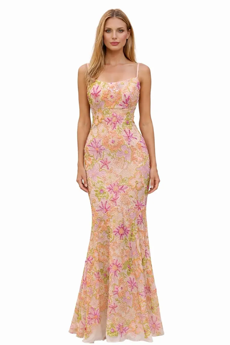 morgan & company formal dresses Long Yellow Floral-Print Prom Dress: Morgan 14175 Yellow / XSmall