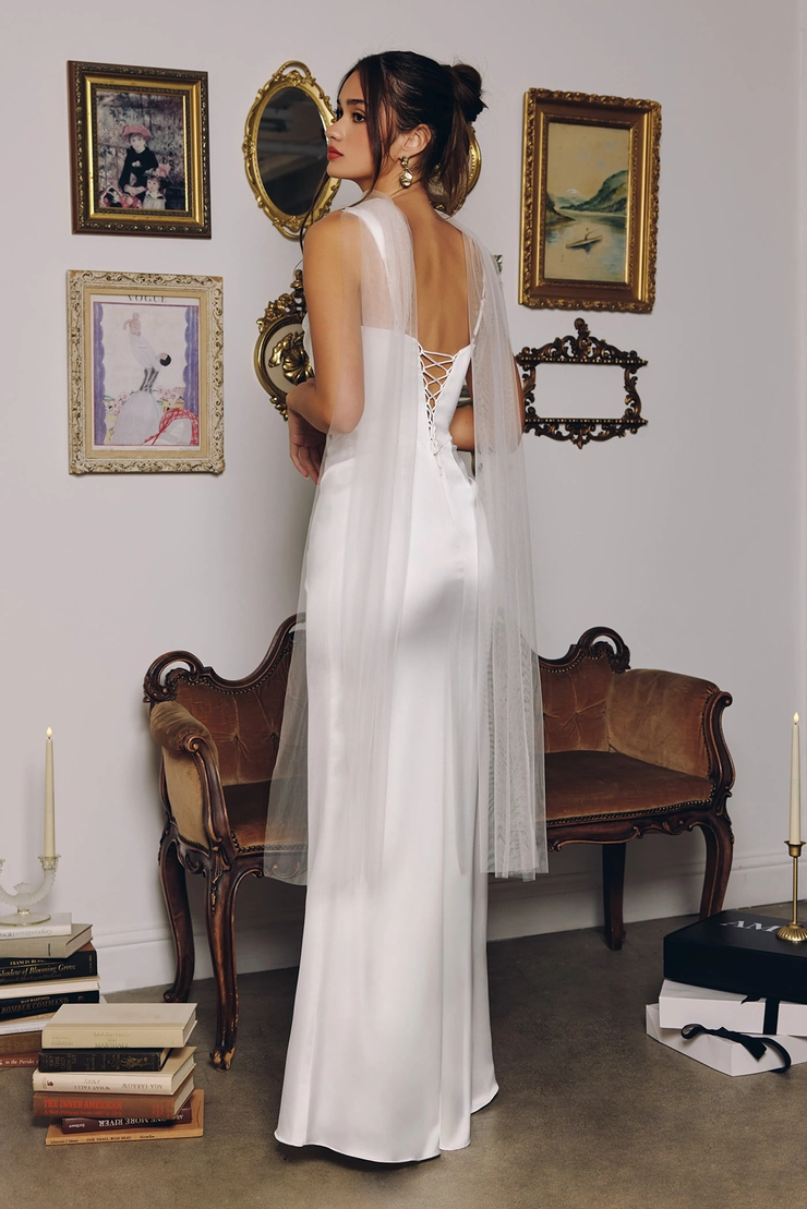 mia square neck wedding dress with Detachable Bow cinching in at the waist to flatter Square Neck Maxi Satin Wedding