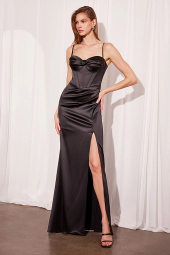 Amoris T608   Elegant Satin Gown with Corset Bodice & High Slit #19 Black frontface vertical thumbnail
