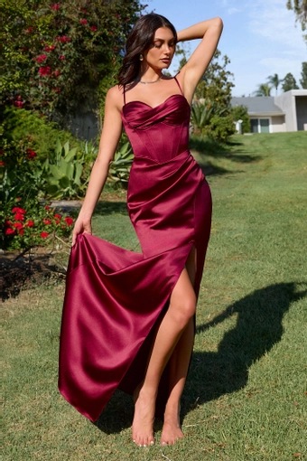 Amoris T608   Elegant Satin Gown with Corset Bodice & High Slit #10 Burgundy frontface vertical thumbnail