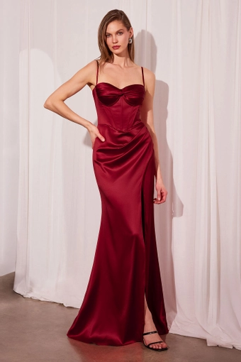 Amoris T608   Elegant Satin Gown with Corset Bodice & High Slit #7 Burgundy frontface vertical thumbnail