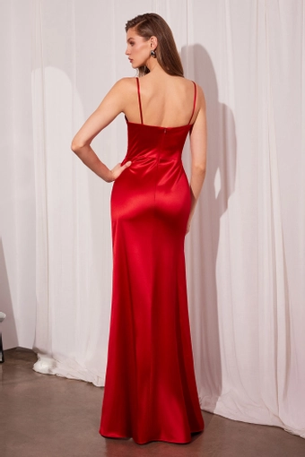 Amoris T608   Elegant Satin Gown with Corset Bodice & High Slit #32 Red backface vertical thumbnail