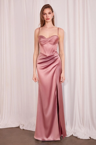 Amoris T608   Elegant Satin Gown with Corset Bodice & High Slit #11 Rosewood frontface vertical thumbnail