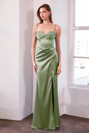 Amoris T608   Elegant Satin Gown with Corset Bodice & High Slit #9 Sage frontface vertical thumbnail