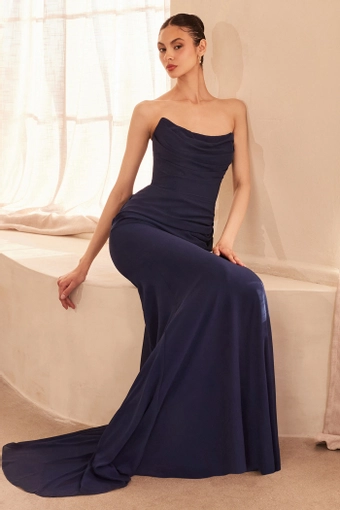 Amoris T702   Strapless Mermaid Formal Gown with Draped Bodice #7 Navy frontface vertical thumbnail