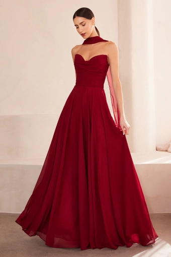 Amoris T703   A-Line Sweetheart Gown with Removable Neck Scarf #2 Burgundy frontface vertical thumbnail