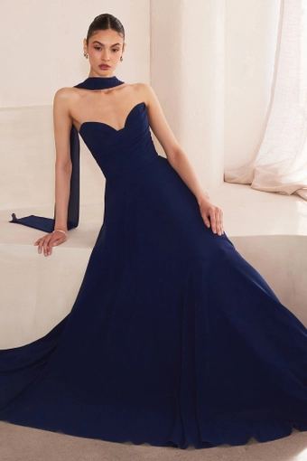 Amoris T703   A-Line Sweetheart Gown with Removable Neck Scarf #12 Navy frontface vertical thumbnail
