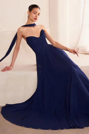 Amoris T703   A-Line Sweetheart Gown with Removable Neck Scarf #34 Navy frontface vertical thumbnail