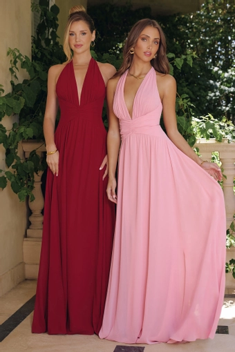 Amoris T715   Elegant Halter A-Line Gown with Plunging Neckline #7 Burgundy Dusty Rose frontface vertical thumbnail